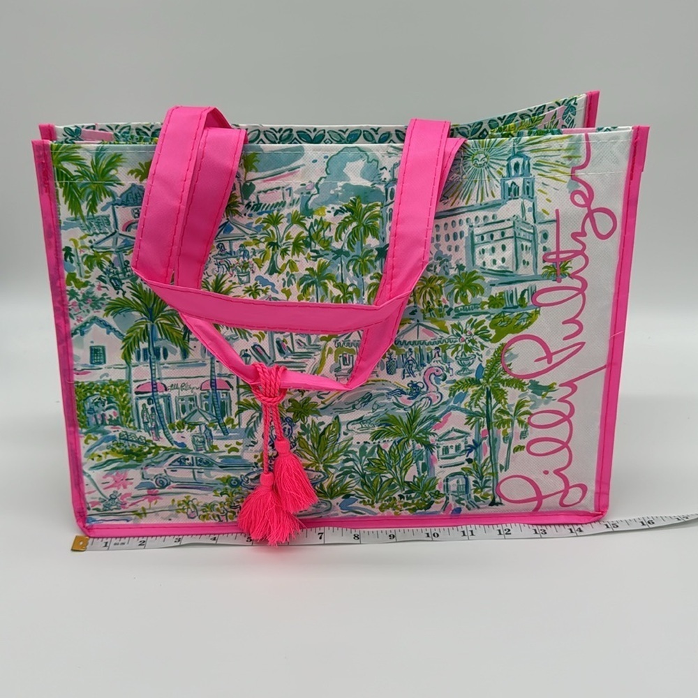 LILLY PULITZER Palm Beach Print Pink Reusable‎ Shopping Bag Tote 15”x 11”x 7” - Picture 4 of 7